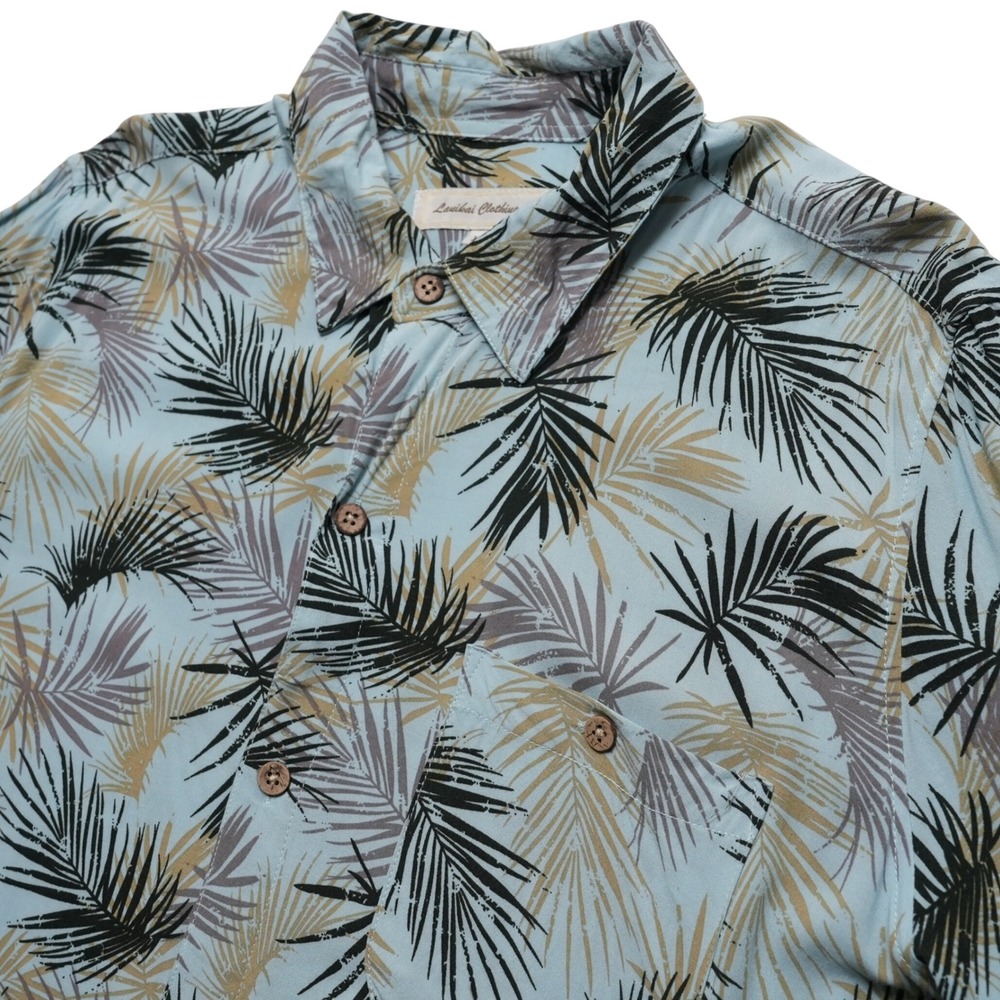 Laukai Clothing Co. Mens XL Blue Hawaiian Shirt Palm Leaf Rayon Aloha Button Up‎